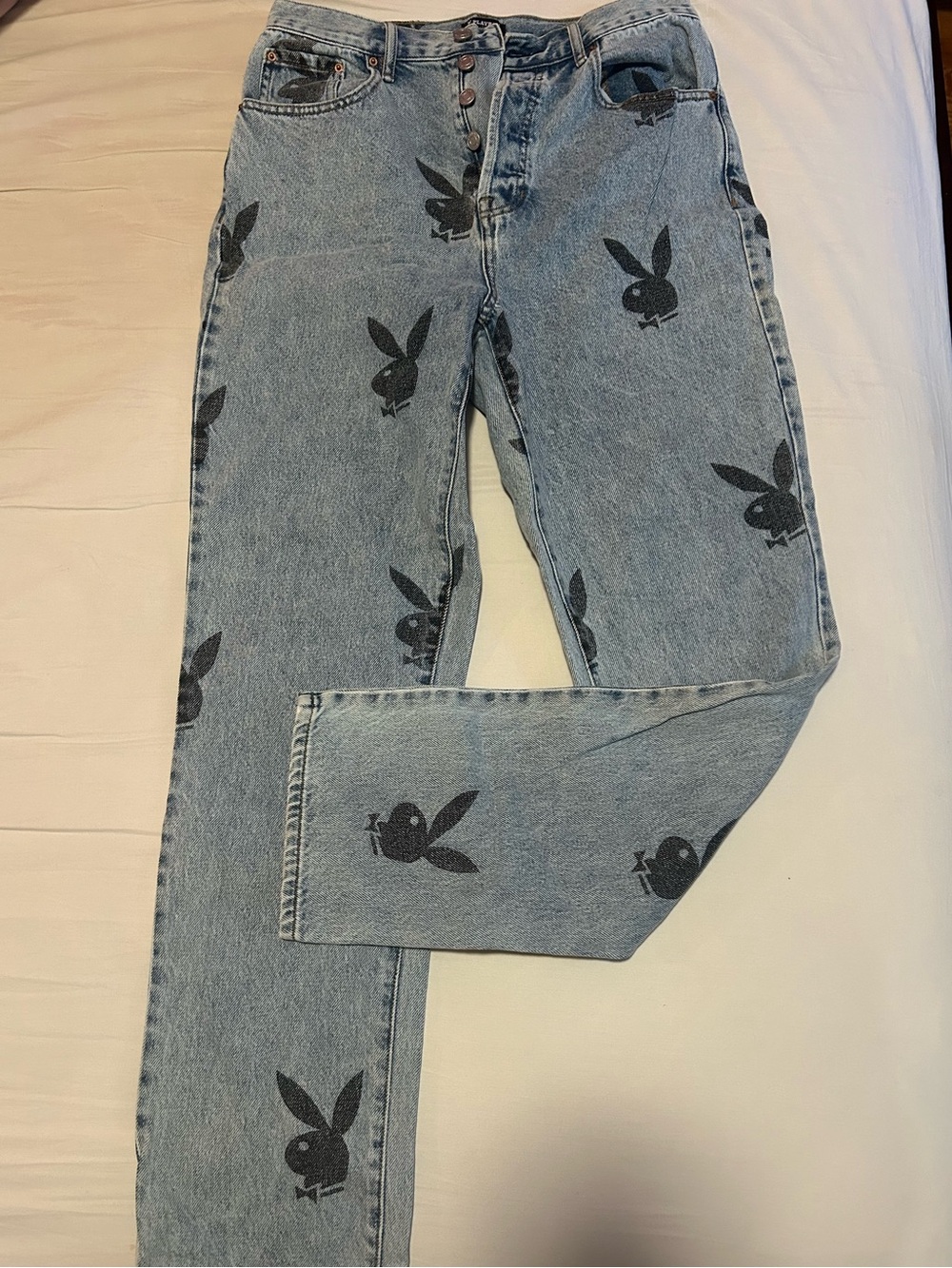 PacSun Light Blue Straight Leg Jeans with Black Bunny Print